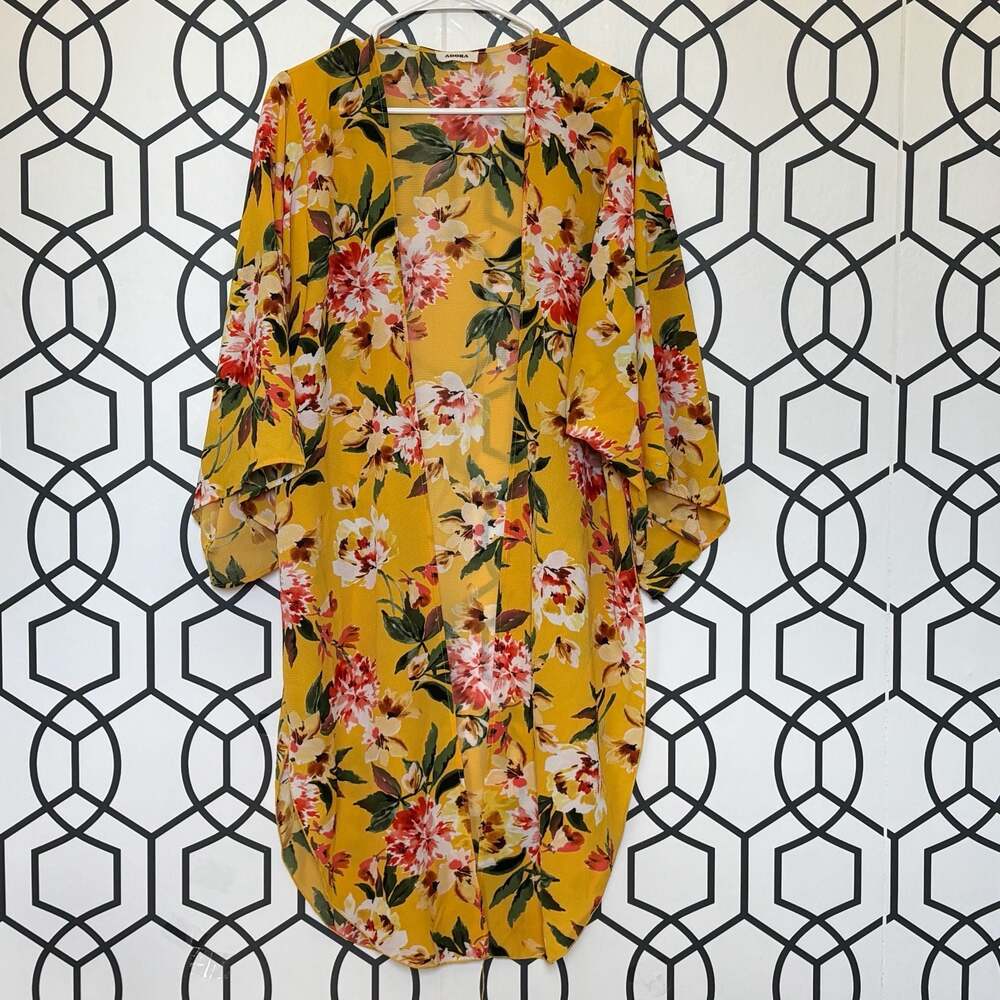 Adora Women Yellow Floral Open Front Lightweight Kimono Cardigan Cover-Up Size L